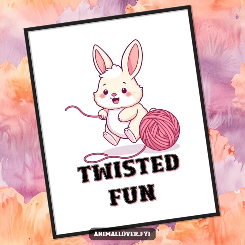 Funny bunny digital art print of a rabbit joyfully chasing a ball of yarn, ready to be printed and bring playful charm to any room.