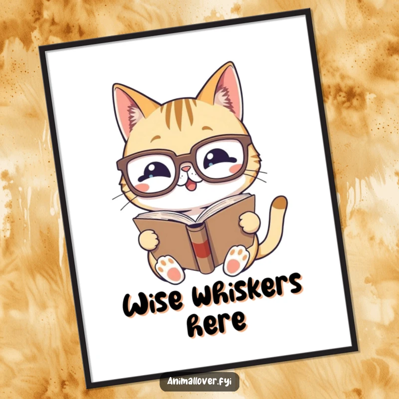 Funny digital art print of a gleeful cat wearing oversized glasses, reading a book, downloadable for instant humorous decor.