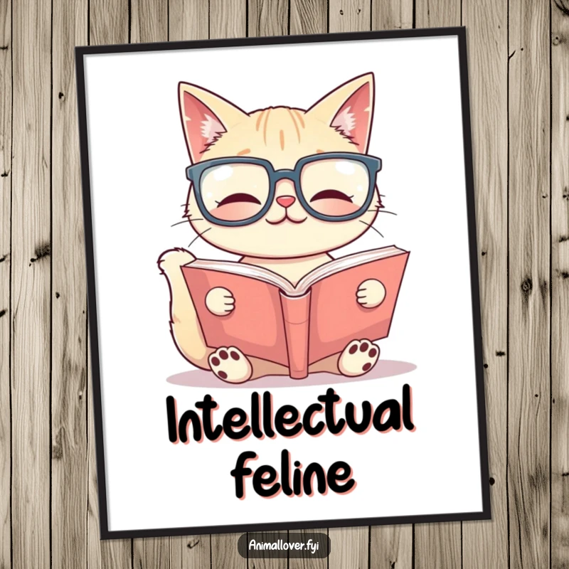 Funny Digital Art Print: A cat wearing large glasses reads a big book, offering instant intellectual charm and feline wisdom for displays.