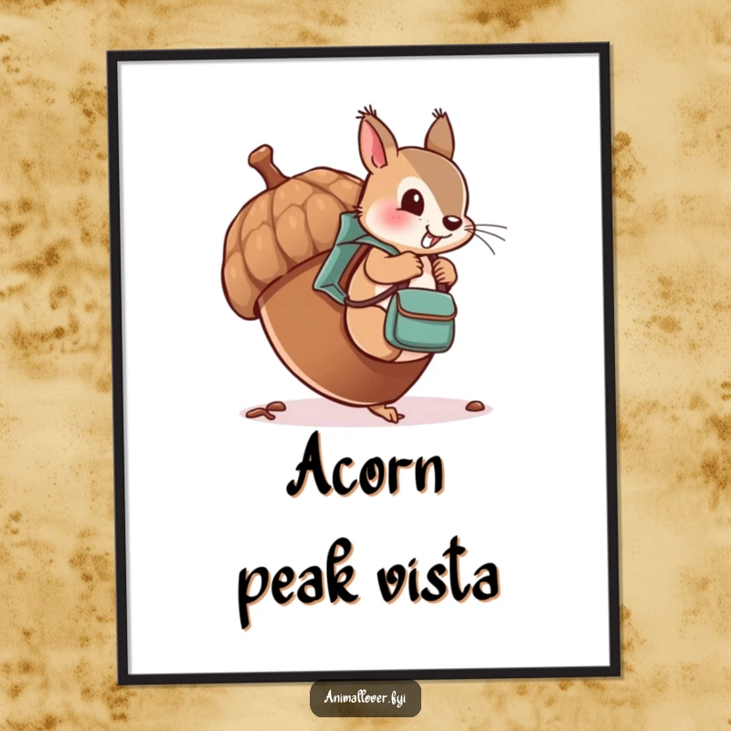 Funny digital art print of a cheeky squirrel with a tiny backpack, climbing an oversized acorn.