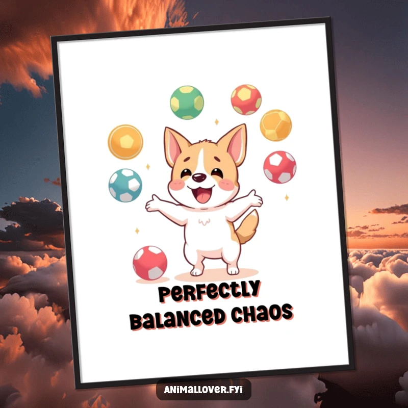 Funny digital art print of a happy dog character energetically juggling multiple balls, creating a dynamic and amusing visual.