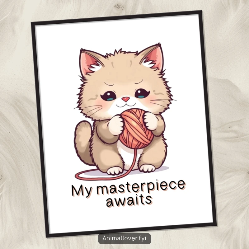 Funny digital art print of a fluffy cat joyfully playing with a giant ball of yarn, adding humor to decor.