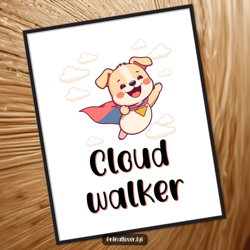 Funny digital art print of a happy dog in a cape flying triumphantly through the clouds, full of energy.