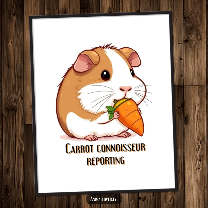 Funny contented guinea pig nibbling a miniature carrot as digital art, offering instant cute decor with a humorous touch.