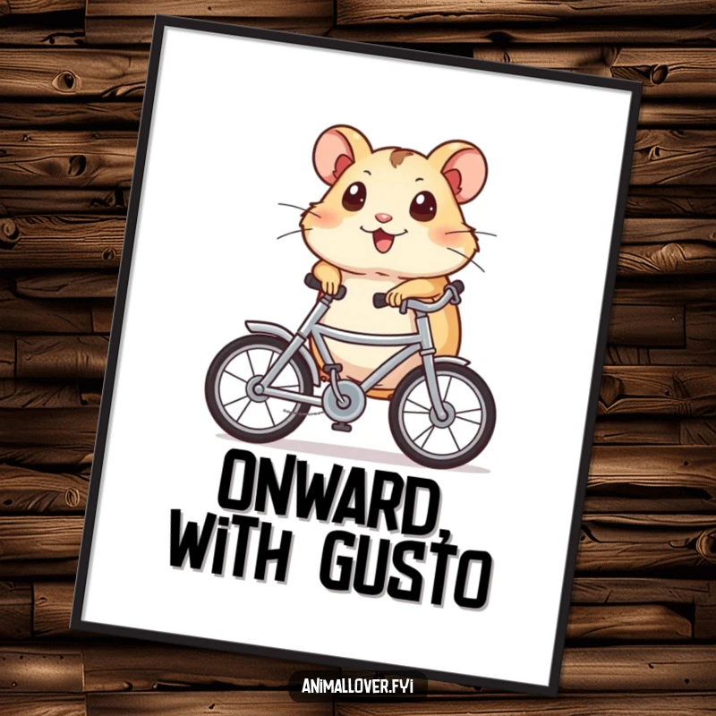 Funny Digital Art Print of a happy, wide-eyed hamster cycling a miniature bike, embodying pure joy and motion.