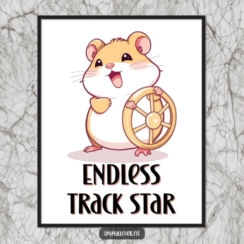 Funny hamster digital art print featuring a joyful creature relentlessly pushing its wheel, full of humorous energy and motivation.