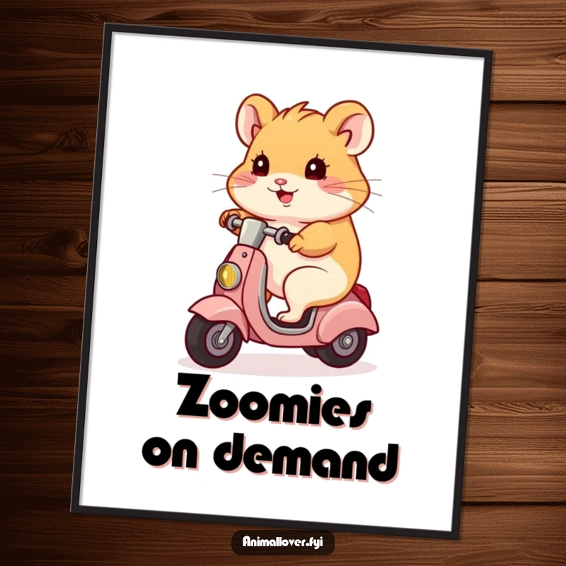 Funny hamster character riding a scooter, rendered in a vibrant digital art style, perfect for printable funny decor.