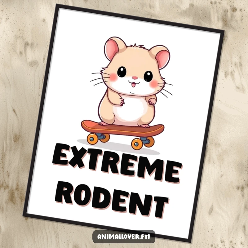 Funny digital art print of a playful hamster riding a tiny skateboard with incredible skill and flair.