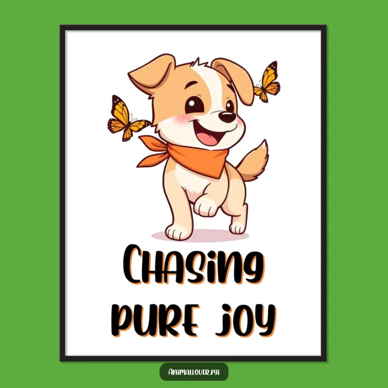 Funny Happy Dog Digital Art: Printable Butterfly Chase, Instant Funny Gift!