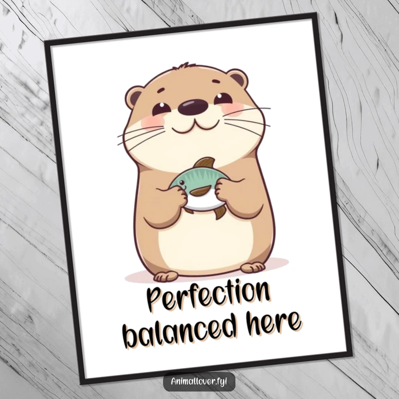 Funny Happy Otter Digital Art Print of a cheerful otter balancing a fish on its nose, ready to adorn your walls with humor.