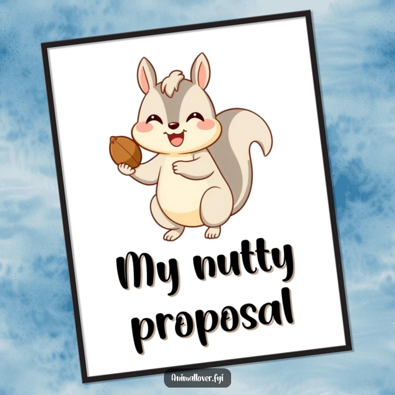Funny digital art print of a happy squirrel offering a nut with a big smile, bringing woodland charm and humor.