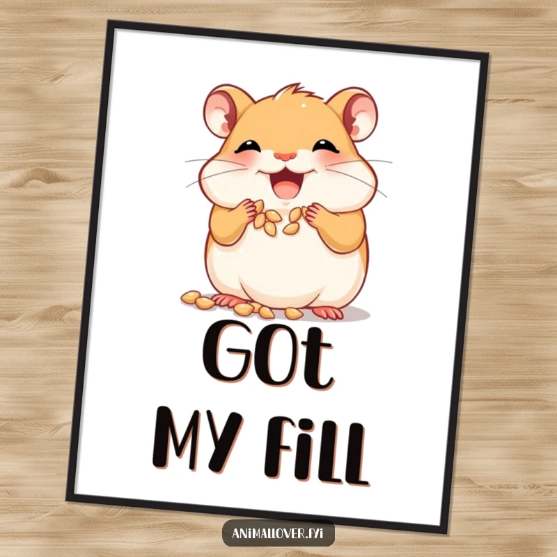 Funny joyful hamster digital art stuffing its cheeks with tiny seeds, a charming and humorous instant download.