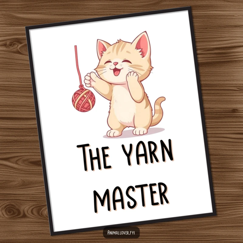 Funny digital art print of a kitten gleefully batting at yarn, capturing playful energy. Whimsical wall decor.