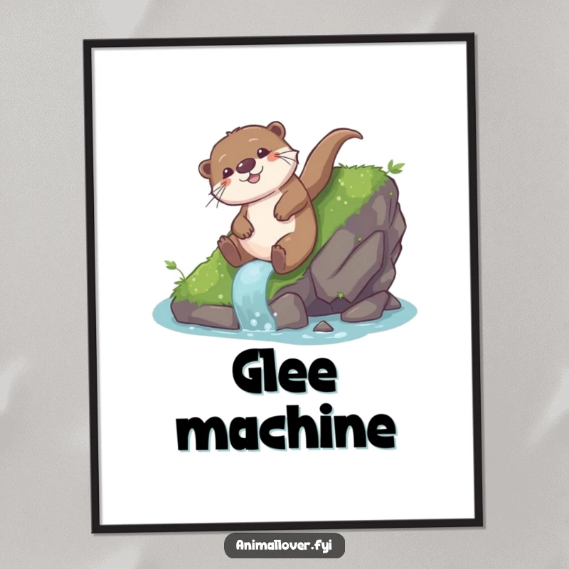 Funny otter digital art print of a playful otter sliding down a mossy rock with glee, symbolizing pure happiness and fun.