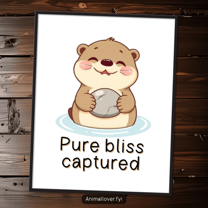 Funny Digital Art Print of a smiling otter floating on its back holding a stone, embodying pure relaxation.