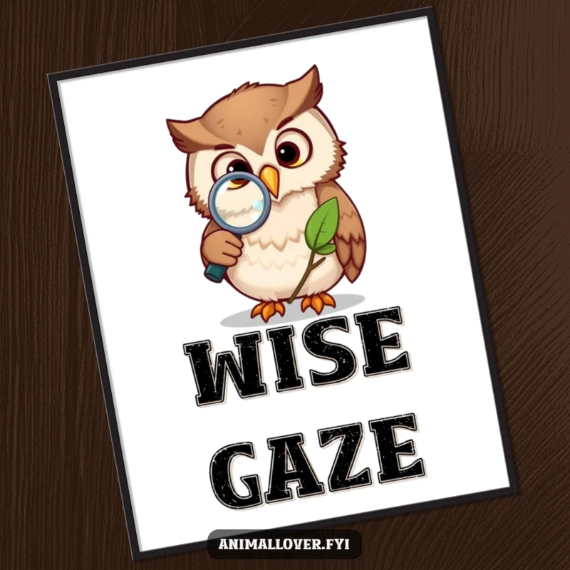 Funny owl digital art print of an owl using a magnifying glass to study a leaf, ready to be printed and add intellectual charm.