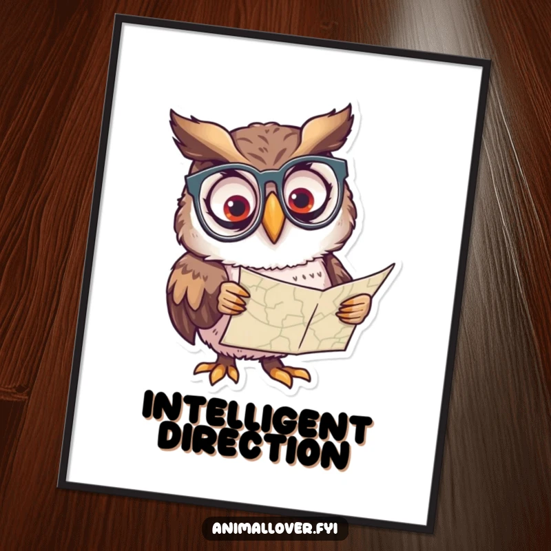 Funny digital art print of a curious owl wearing spectacles, intently peering at a map, symbolizing exploration.