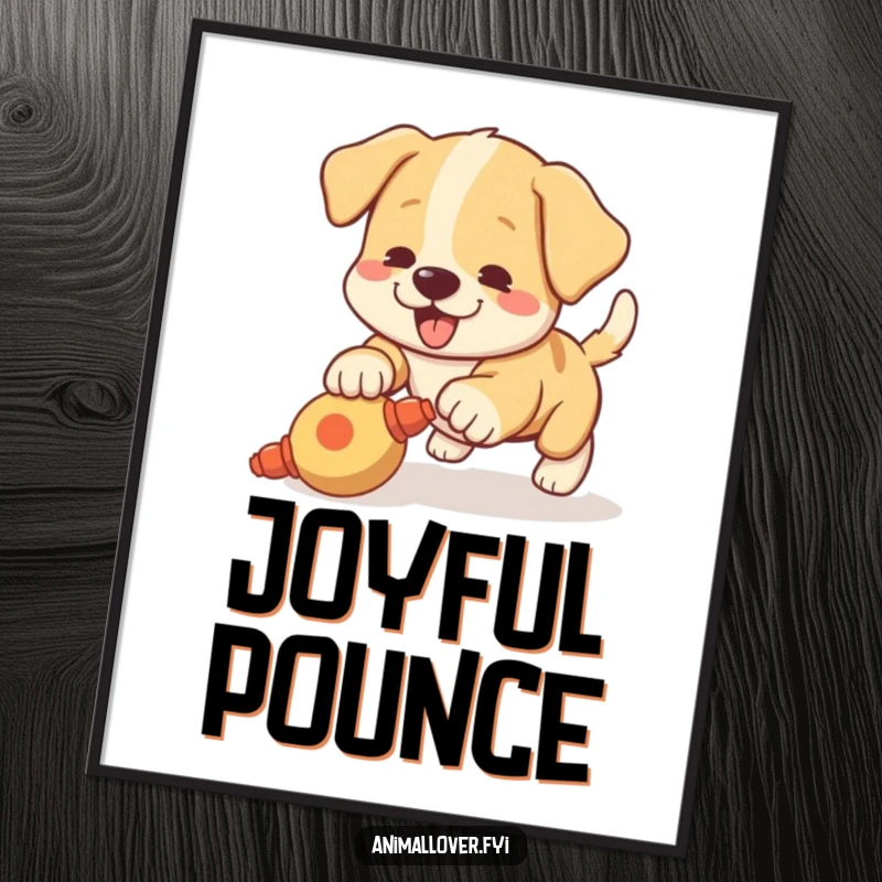 Funny digital art print of a playful puppy with a wagging tail excitedly pouncing on a squeaky toy, full of fun.