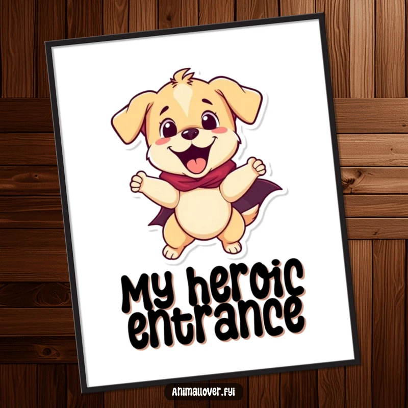 Funny puppy superhero in flight on a digital art print, a vibrant and funny piece of decor.