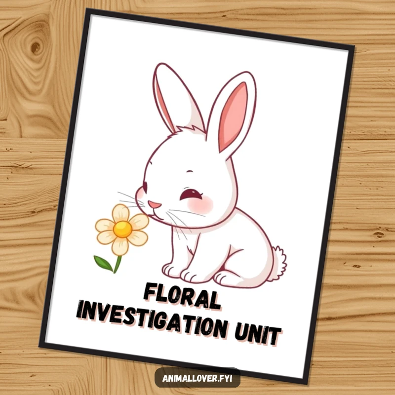 Funny rabbit digital art print featuring a cute bunny with a twitching nose sniffing a vibrant flower, full of natural charm.