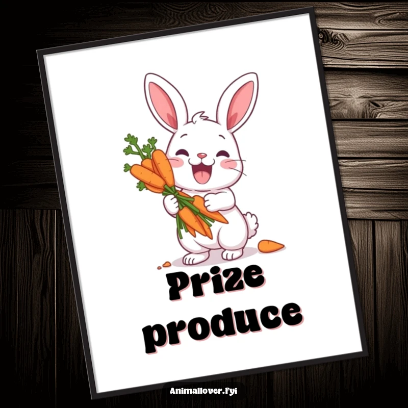 Funny digital art print of an ecstatic rabbit character holding a massive bouquet of carrots as if it were the ultimate treasure, perfect for humorous decor.