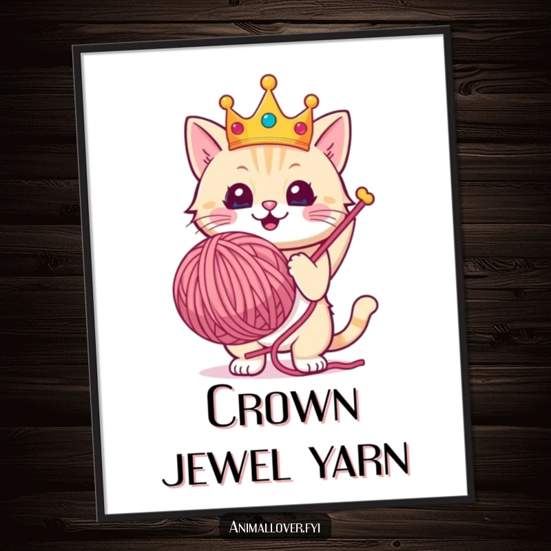 Funny digital art print of a cute cat wearing a crown, triumphantly holding a giant ball of yarn.