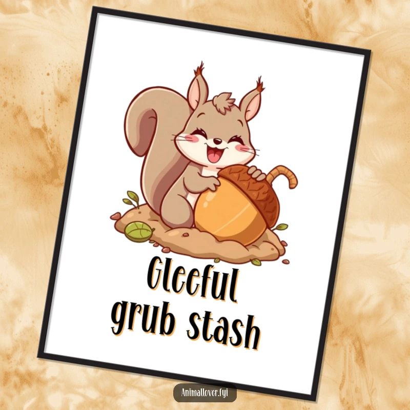 Funny digital art print of an ecstatic squirrel character burying a massive acorn with pure glee, perfect for humorous woodland decor.