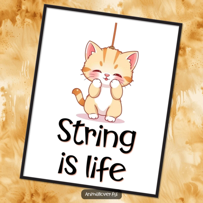 Funny Digital Art Print: An adorable kitten is captured mid-bat at a dangling string, creating a charming and playful scene.