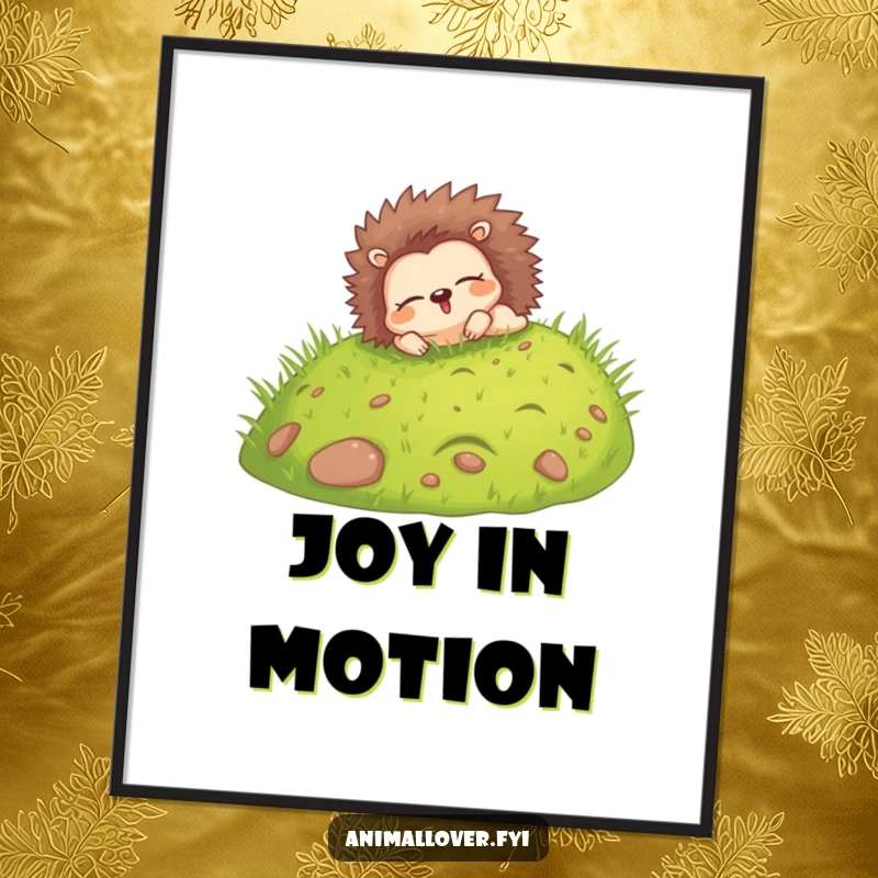 Funny digital art print of a happy hedgehog rolling down a grassy hill with eyes closed, delivering instant joy and bliss.