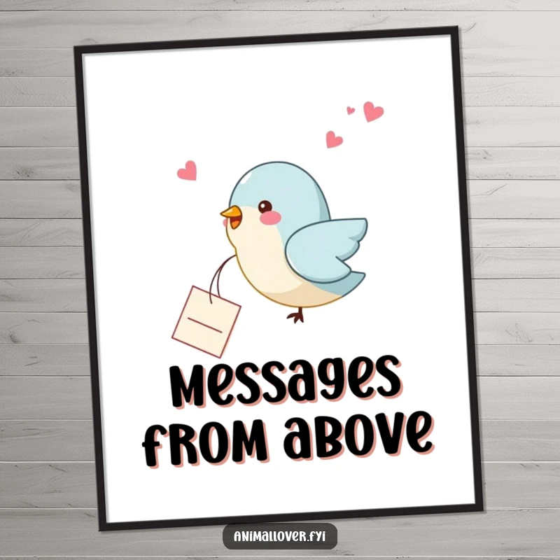 Funny bird digital art print of a bird dropping a small, heartfelt note, perfect for instant whimsical and humorous decoration.