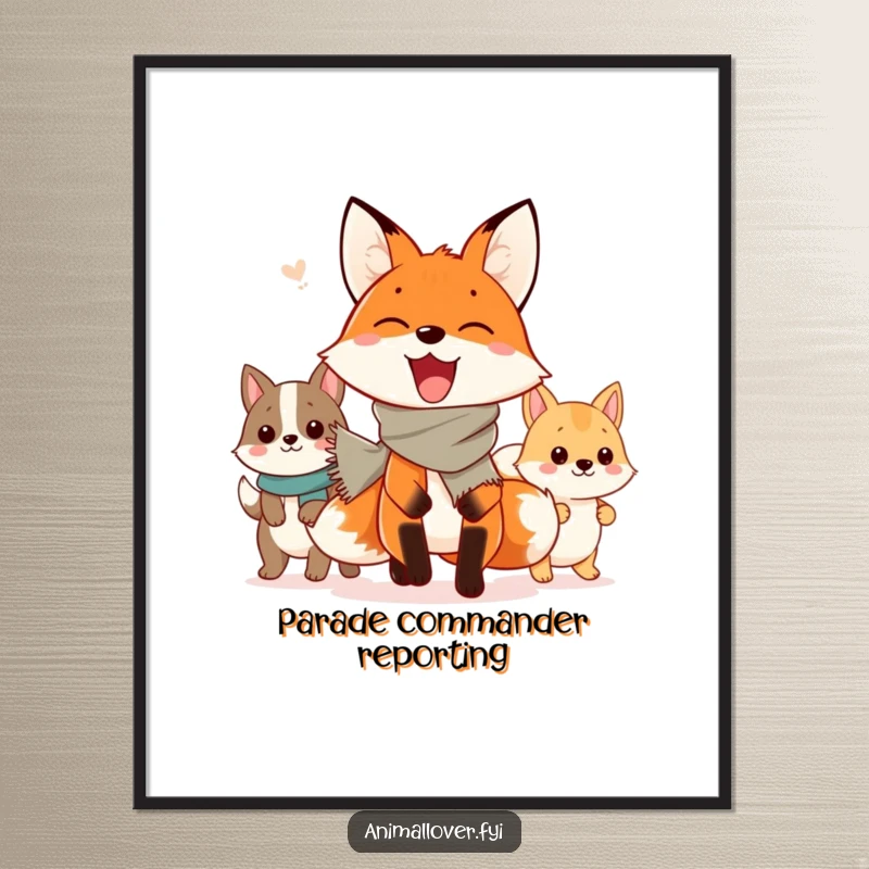 Funny Digital Art Print: An energetic fox leads a colorful parade of animals, creating a joyful and whimsical scene for instant download.