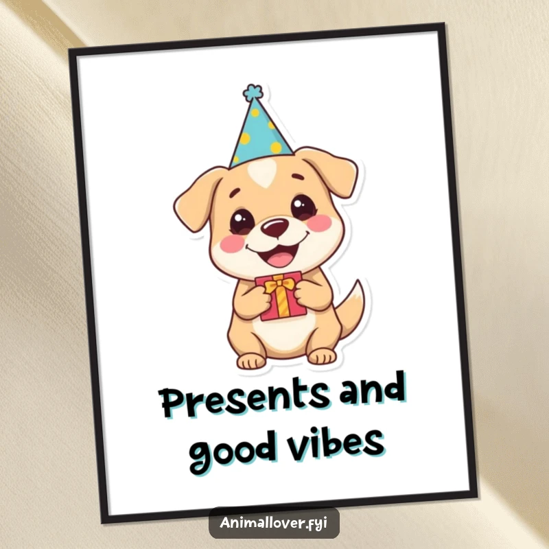 Funny dog digital art print of a happy dog in a party hat holding a gift, perfect for immediate humorous decoration.