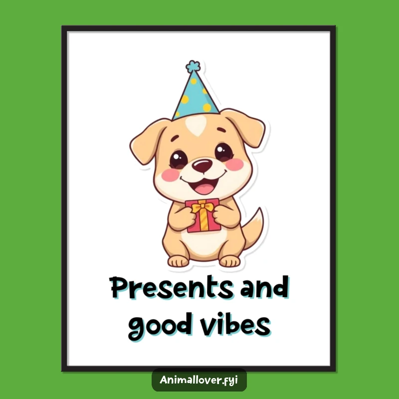 Funny Dog Party Digital Art: Happy Pup with Hat & Gift, Instant Hilarious Decor