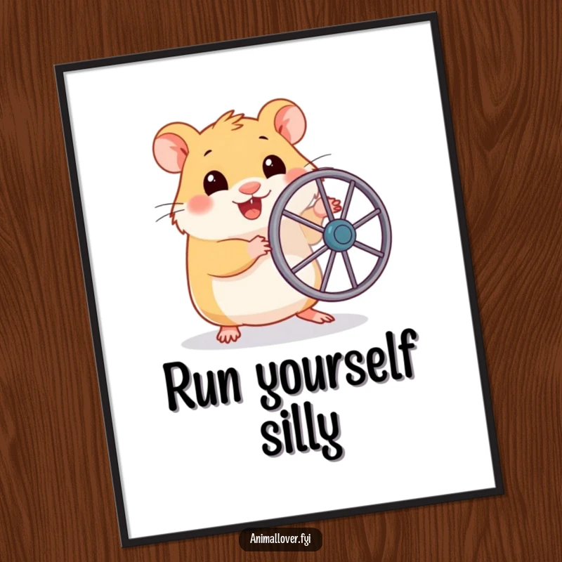 Funny digital art print of a happy hamster clutching a small toy wheel, ready to 'run' with humor and charm.