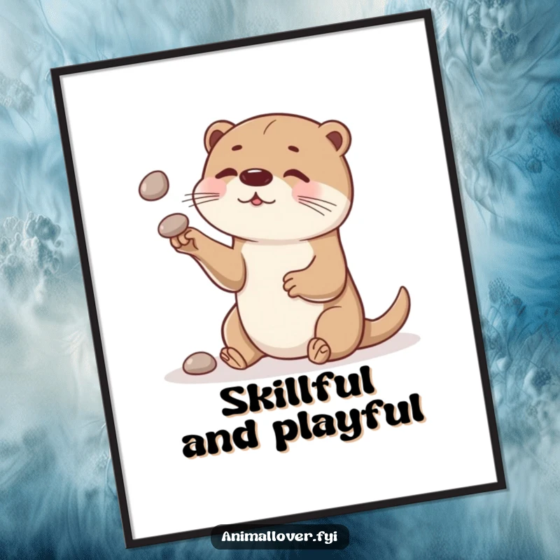 Funny otter digital art print of a curious otter juggling smooth stones, offering instant wall decor fun.