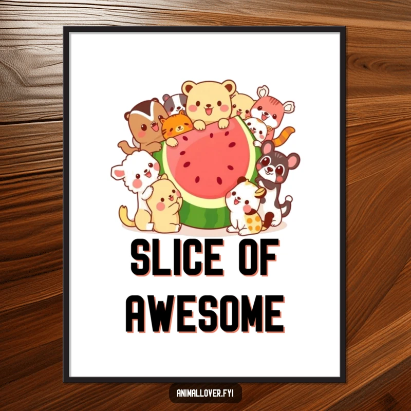 Funny digital art print featuring a lively group of animals gleefully sharing a massive watermelon slice, bringing instant joy and humor to any room.