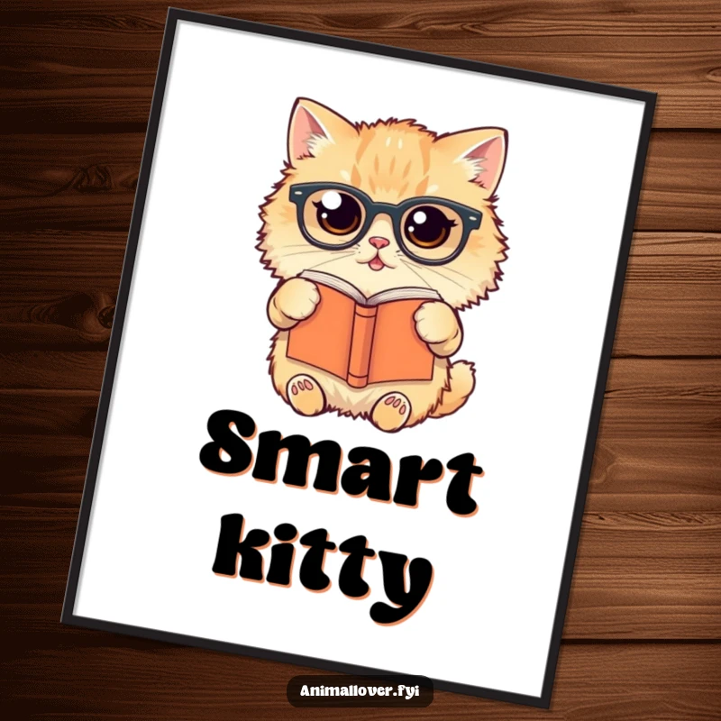 Funny Digital Art Print of a fluffy cat wearing glasses, holding a book upside down with a comically confused expression.