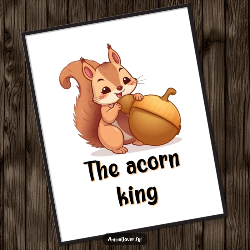 Funny digital art print of a squirrel hoarding a massive acorn, representing preparedness. Humorous wall decor.
