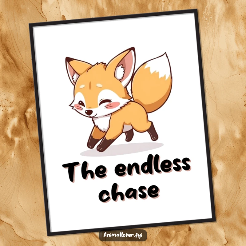 Funny mischievous fox cub chasing its tail as digital art, offering instant playful decor with a humorous touch.