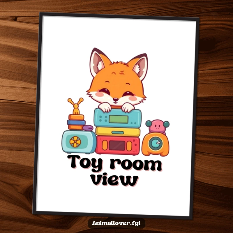 Funny digital art print of a cute fox peeking from behind a colorful stack of toys, offering instant whimsical decor.