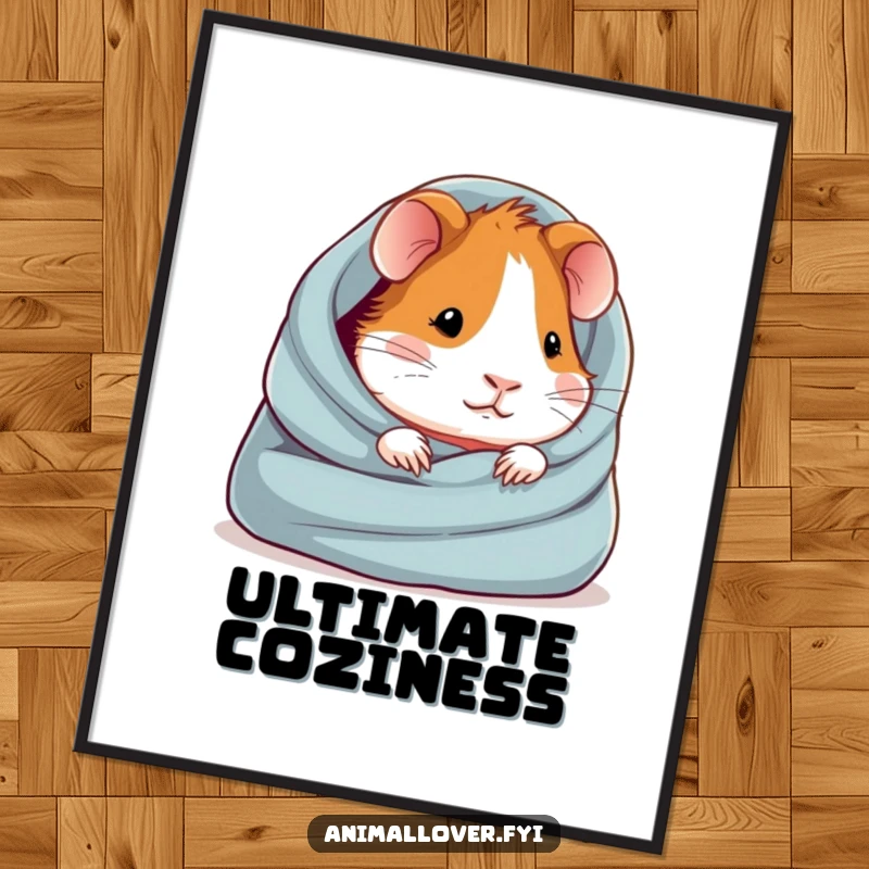 Funny digital art print of a guinea pig snuggled contentedly in a soft blanket, radiating peace and cuteness.