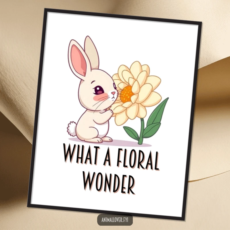 Funny digital art print of a curious rabbit sniffing a giant flower, capturing natural beauty and humor.