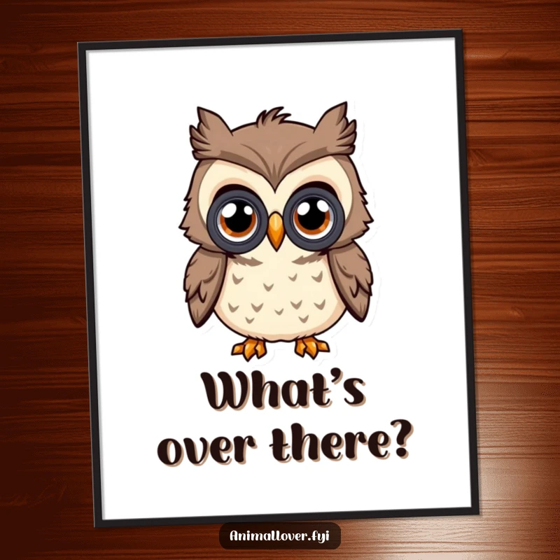 Funny Curious Owl Digital Art Print of an owl with oversized eyes using binoculars, ready to bring curiosity and humor to your walls.