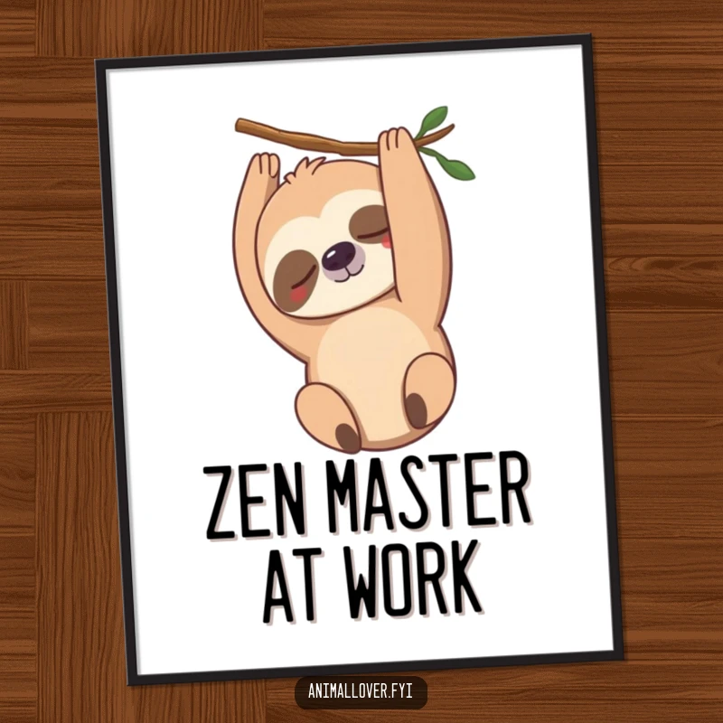 Funny sloth digital art print depicting a gently smiling sloth hanging upside down, offering instant wall decor and calm humor.
