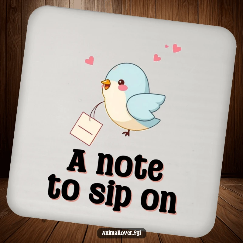 Funny bird coaster showing a bird dropping a small note, adding a touch of humor and charm to table surfaces.