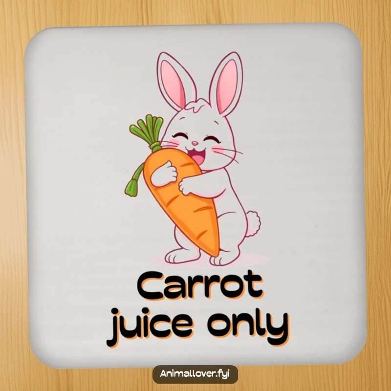 Funny drink coaster showcasing a happy bunny hugging a large carrot, adding a touch of humor to any table. A useful gift.