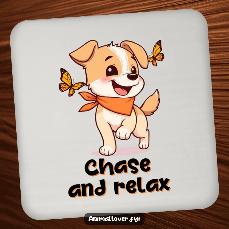 Funny drink coaster with a happy dog wearing a bandana, wagging its tail while chasing a butterfly.
