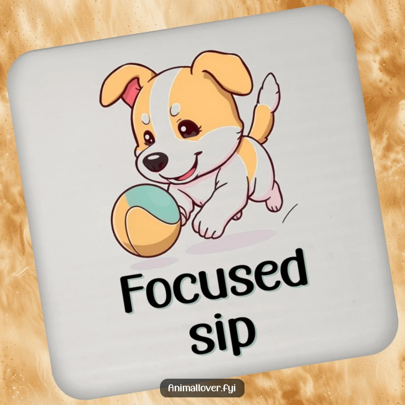 Funny dog coaster featuring a cartoon dog character intensely focused on chasing a bouncing ball, for protecting surfaces.