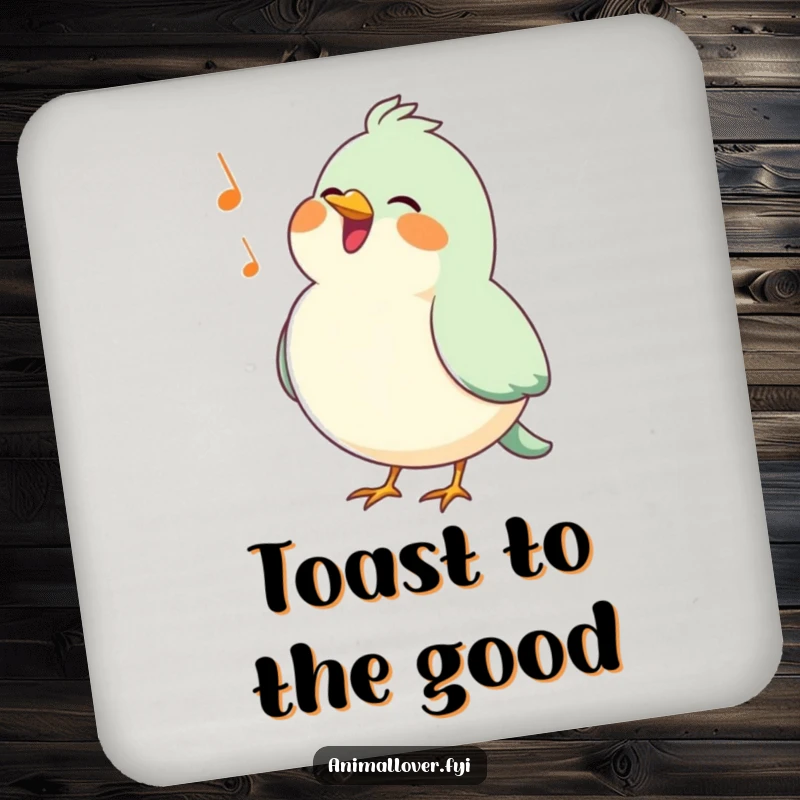 Funny bird drink coasters with a happy, puffed-chested bird singing a cheerful tune, providing humorous protection for tables.