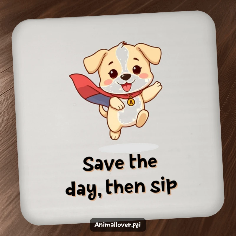 Funny drink coasters depicting a brave puppy in a superhero cape, jumping heroically, adding humor to surfaces.